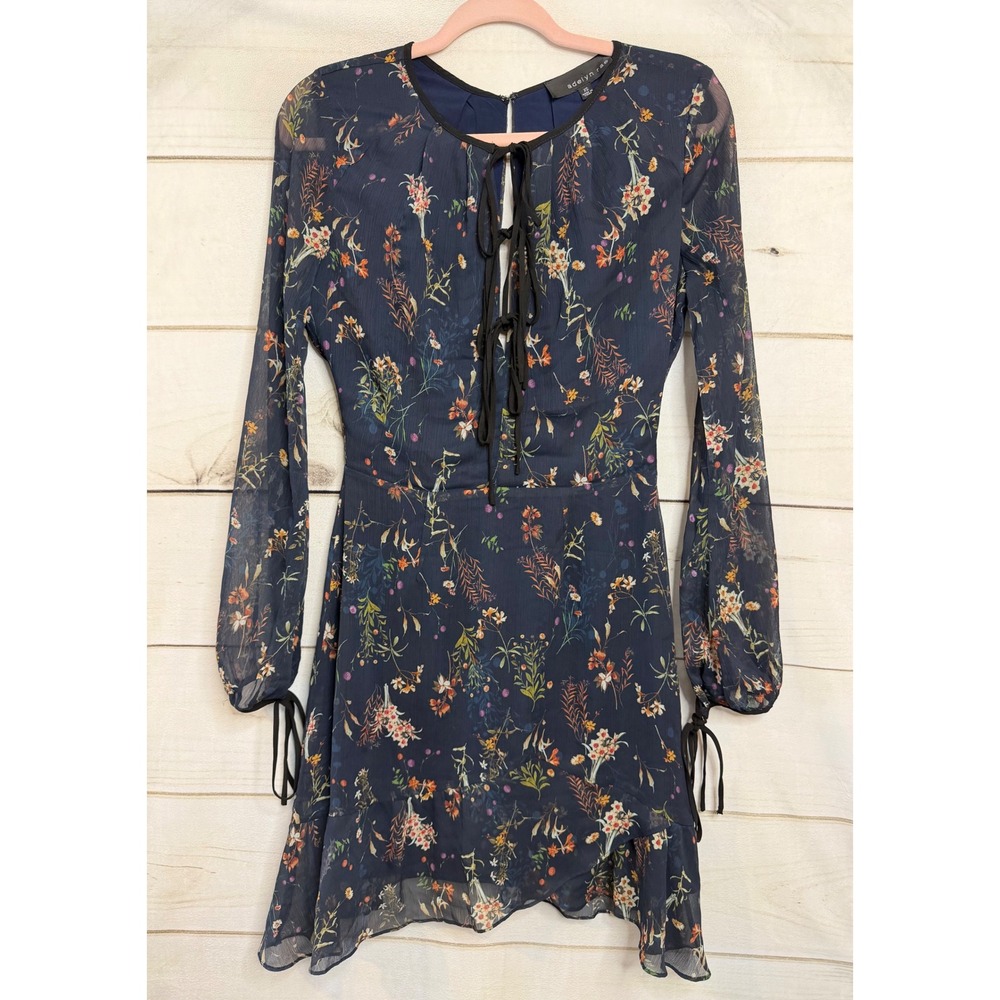 Adelyn Rae Navy Floral Chiffon Mini Dress Long Sleeve Tie Neck XS F68D2617